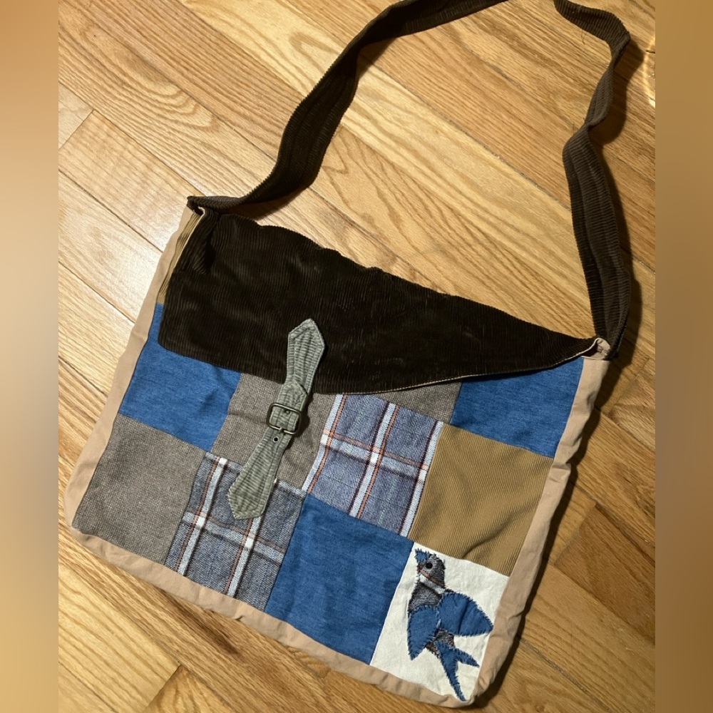 Handmade Upcycle Patchwork Plaid Corduroy Shoulder Bag with Bird design